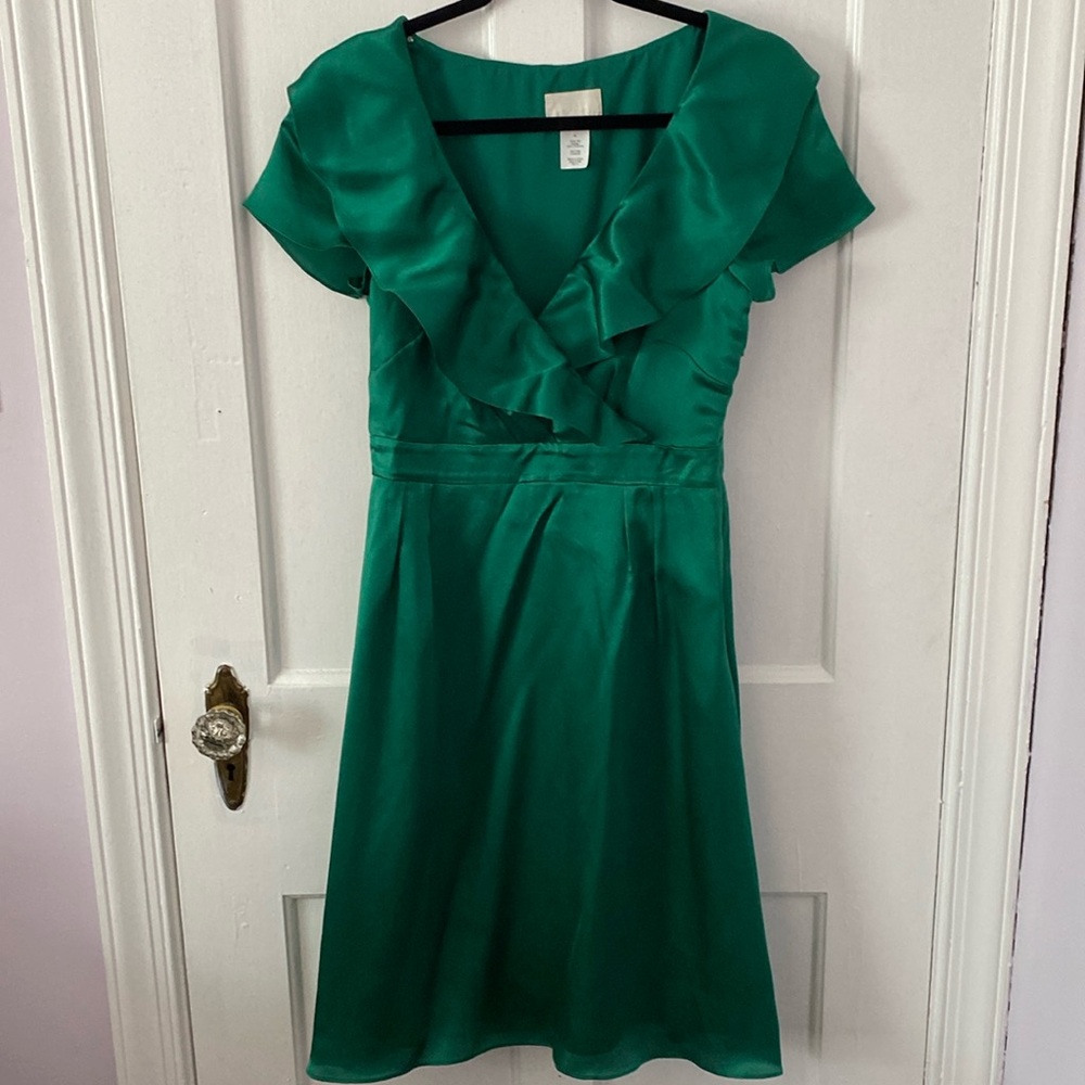 J. Crew emerald green pure silk ruffle dress